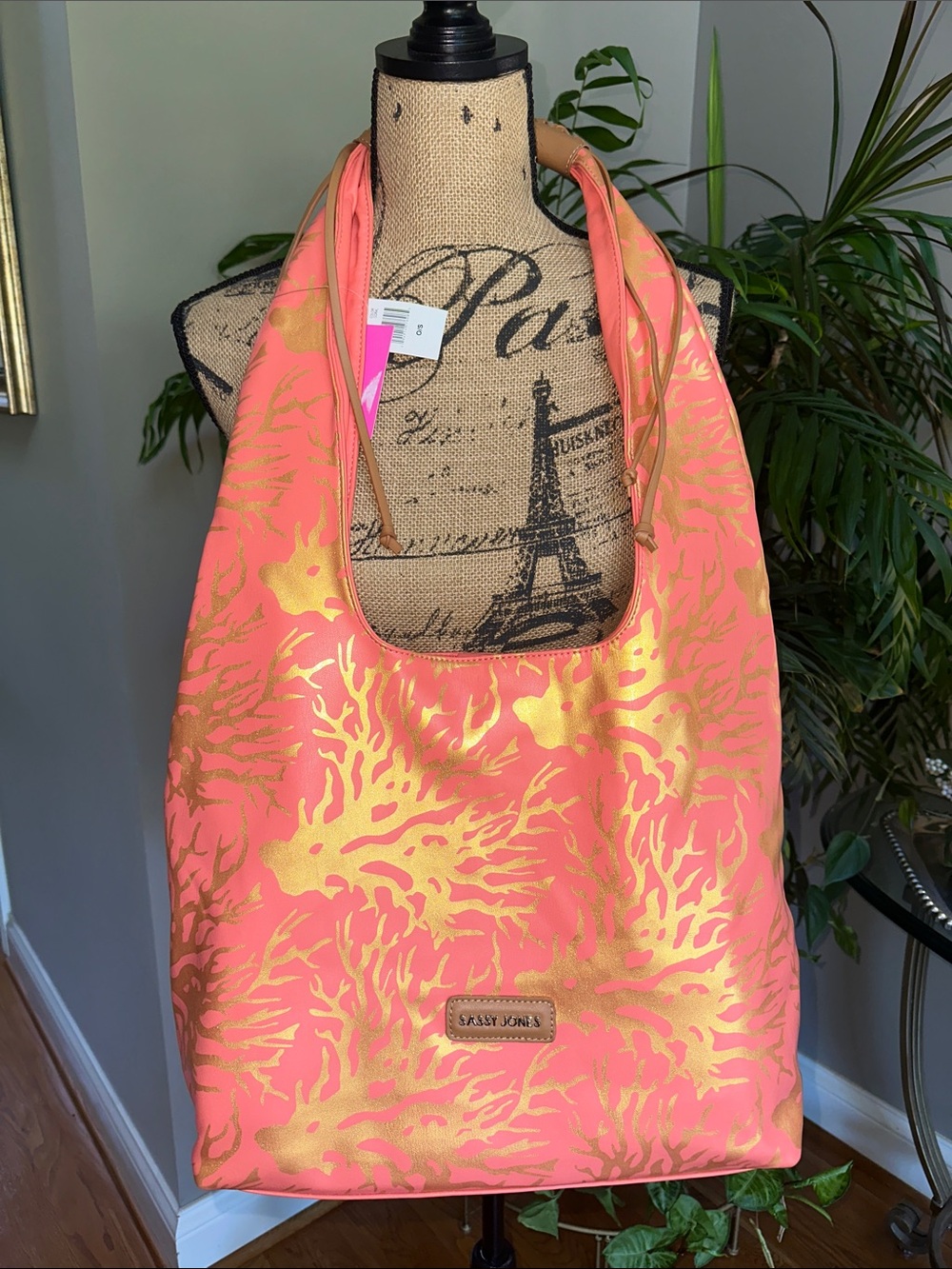 Sassy Jones Coral with Metallic Gold Print Hobo Shoulder Bag NWT